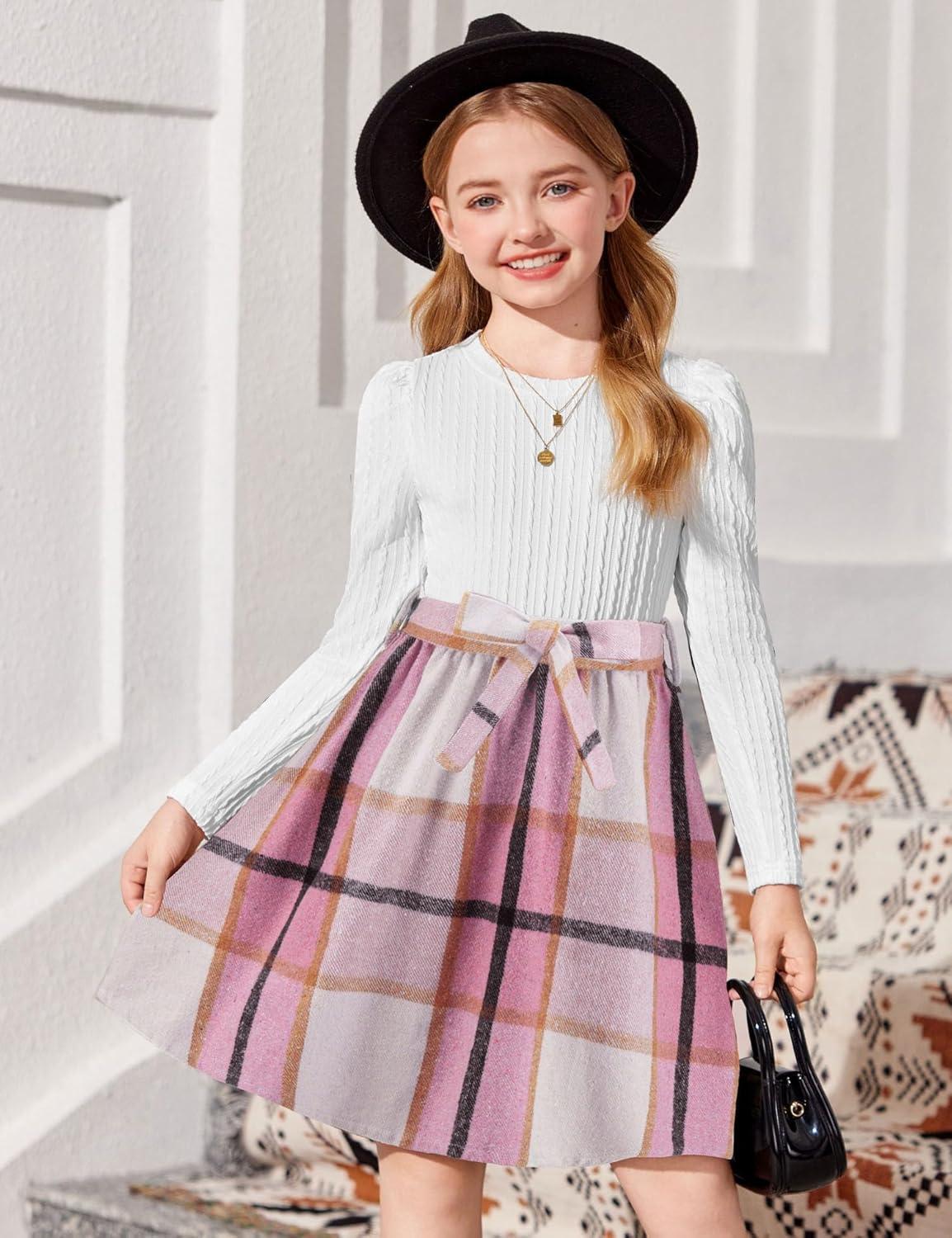 imageArshiner Girls Dresses Puff Long Sleeve Rib Knit Plaid Patchwork Belted Holiday Dress with PocketsWhite Pink Plaid