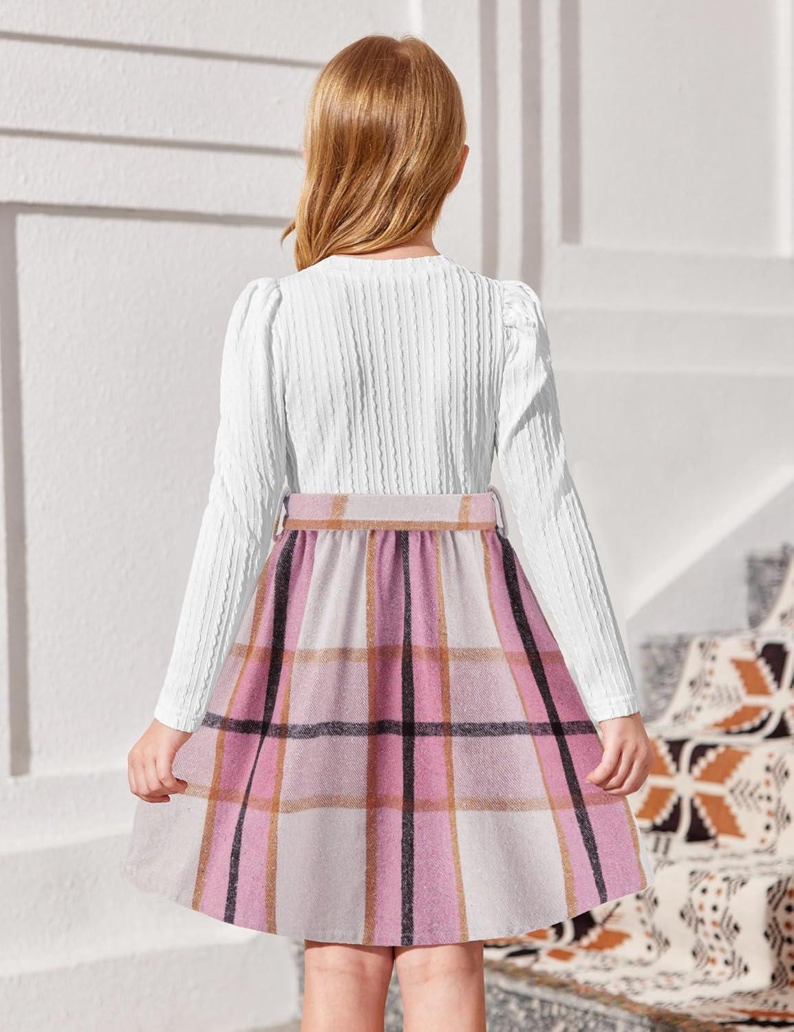 imageArshiner Girls Dresses Puff Long Sleeve Rib Knit Plaid Patchwork Belted Holiday Dress with PocketsWhite Pink Plaid