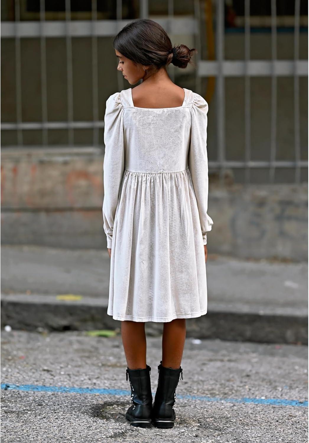 imageArshiner Girls Dresses Velvet Square Neck Puff Long Sleeve Fall Winter Holiday Dress with PocketsChampage