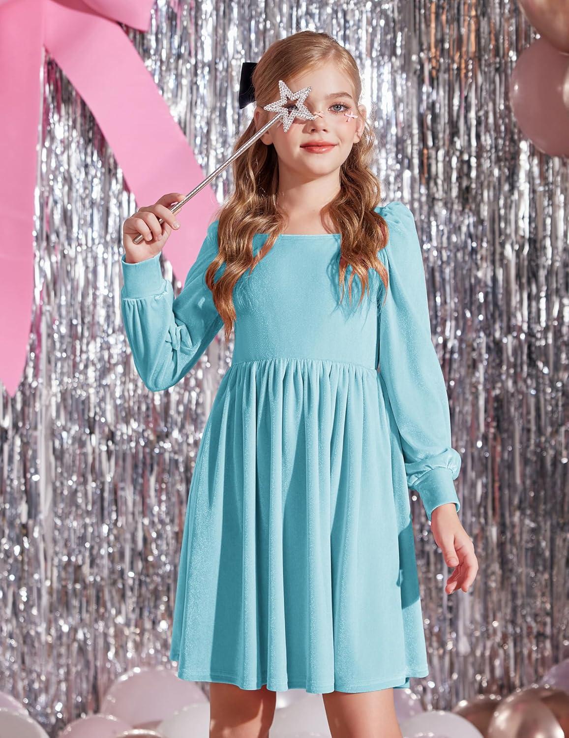 imageArshiner Girls Dresses Velvet Square Neck Puff Long Sleeve Fall Winter Holiday Dress with PocketsLight Blue