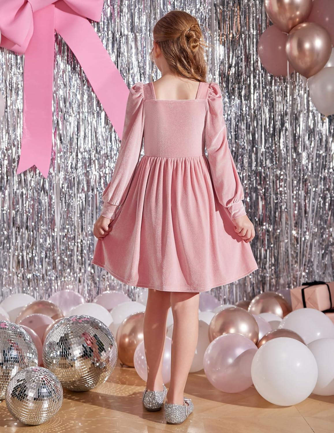 imageArshiner Girls Dresses Velvet Square Neck Puff Long Sleeve Fall Winter Holiday Dress with PocketsPink