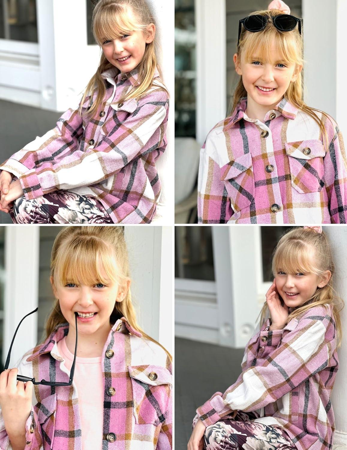 imageArshiner Girls Flannel Plaid Jackets Button Down Long Sleeve Shirts Blouses Tops with Pockets OutfitsBgray