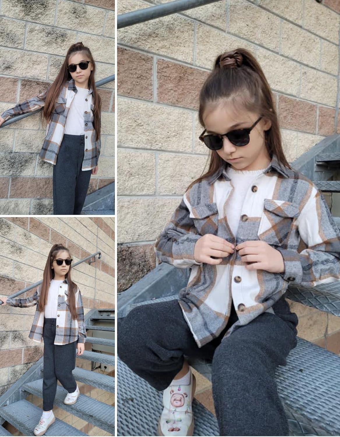 imageArshiner Girls Flannel Plaid Jackets Button Down Long Sleeve Shirts Blouses Tops with Pockets OutfitsBgray