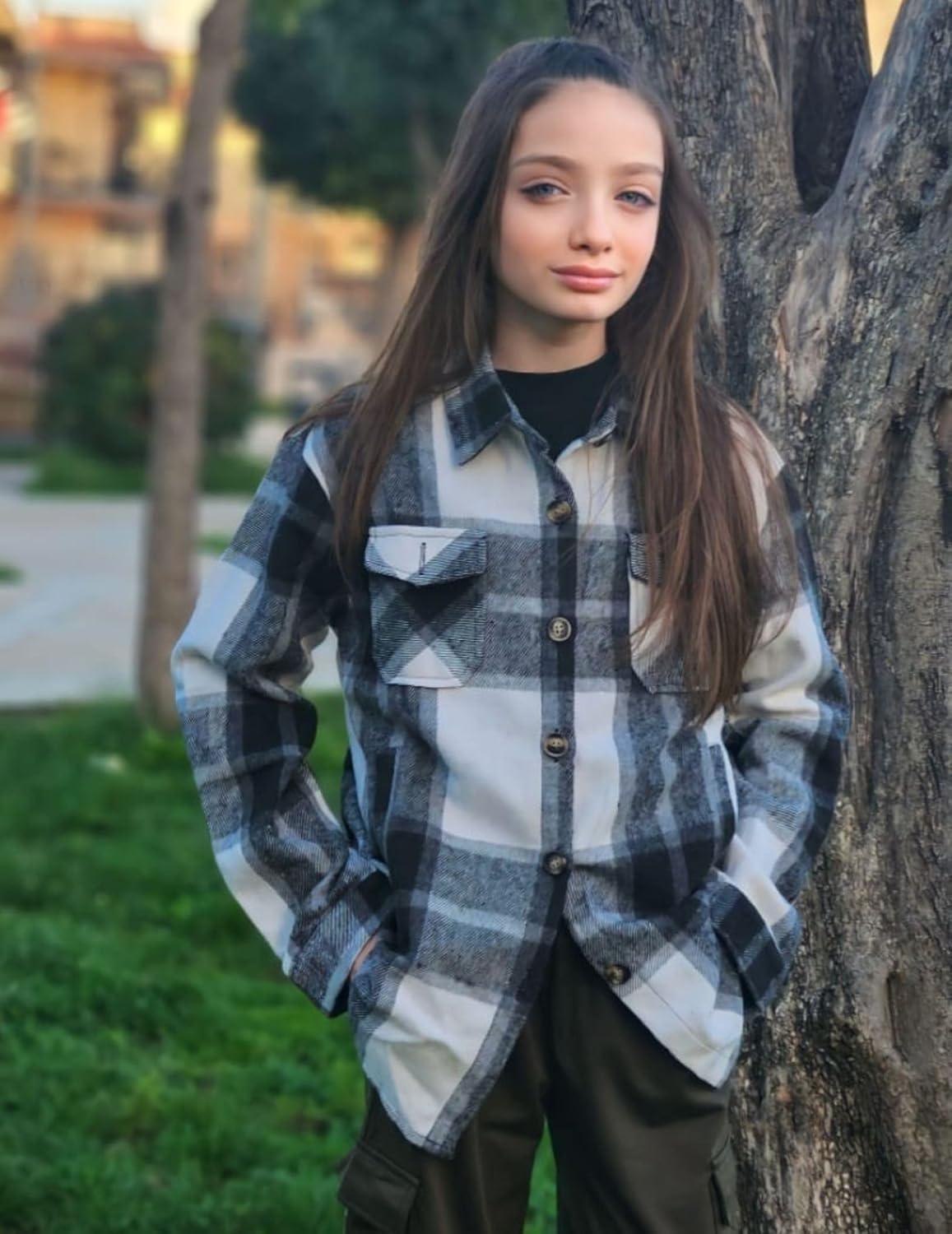imageArshiner Girls Flannel Plaid Jackets Button Down Long Sleeve Shirts Blouses Tops with Pockets OutfitsBlue