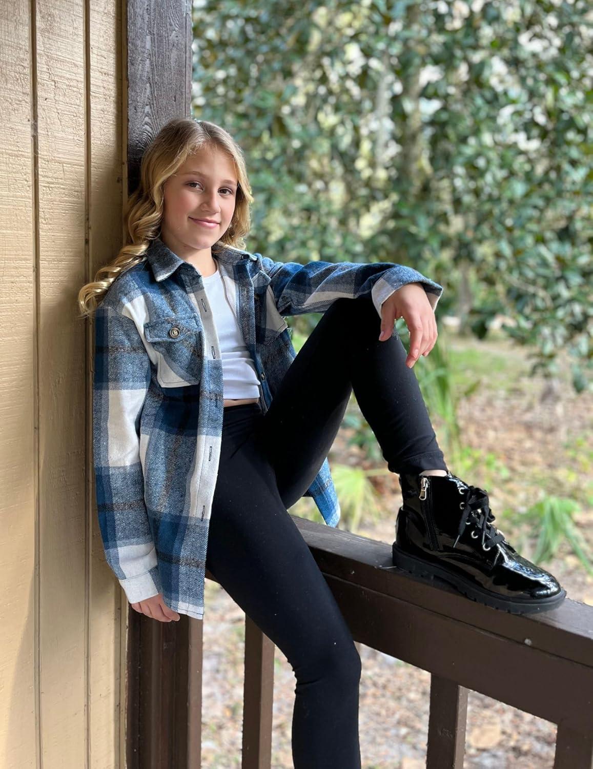 imageArshiner Girls Flannel Plaid Jackets Button Down Long Sleeve Shirts Blouses Tops with Pockets OutfitsBlue