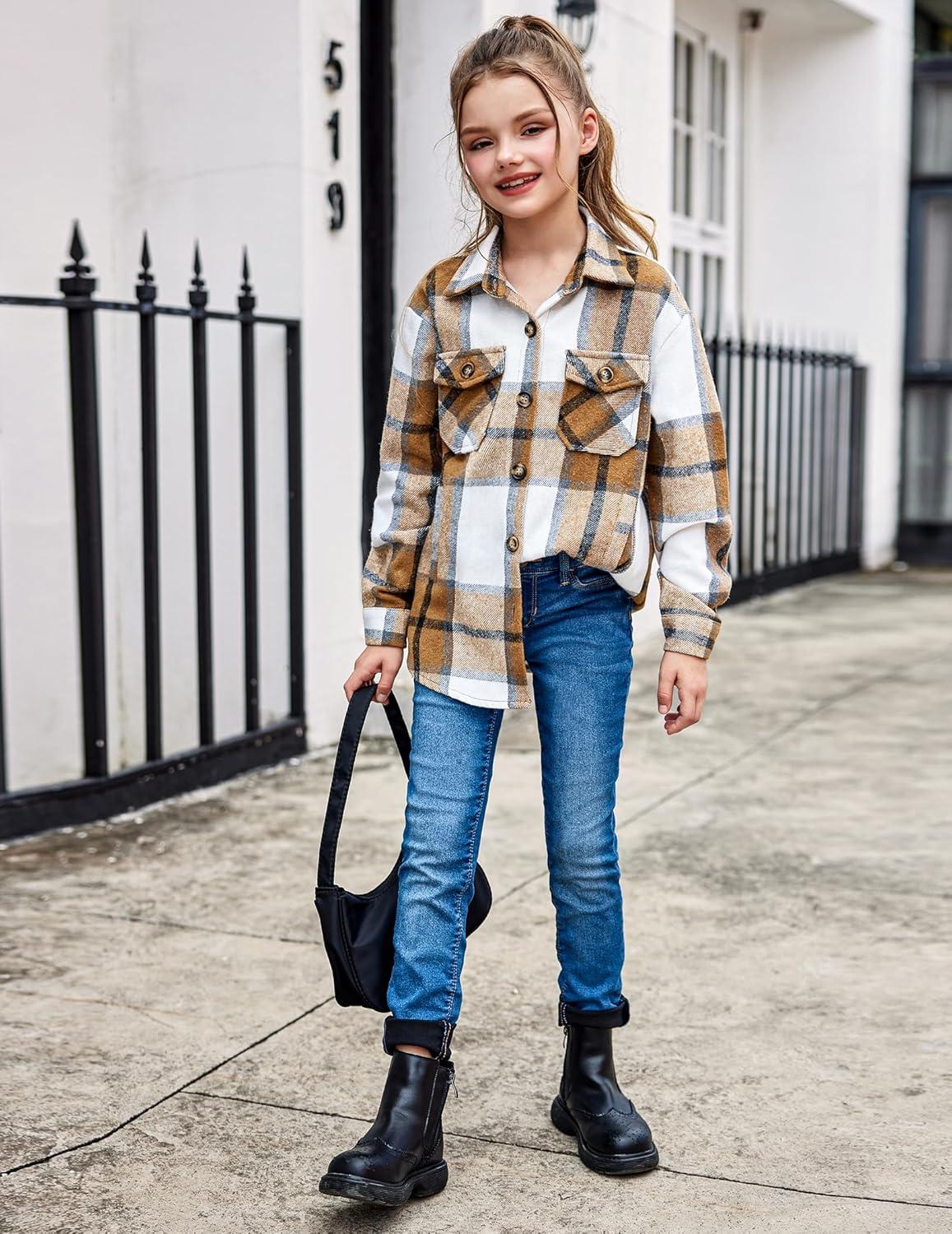 imageArshiner Girls Flannel Plaid Jackets Button Down Long Sleeve Shirts Blouses Tops with Pockets OutfitsBrown