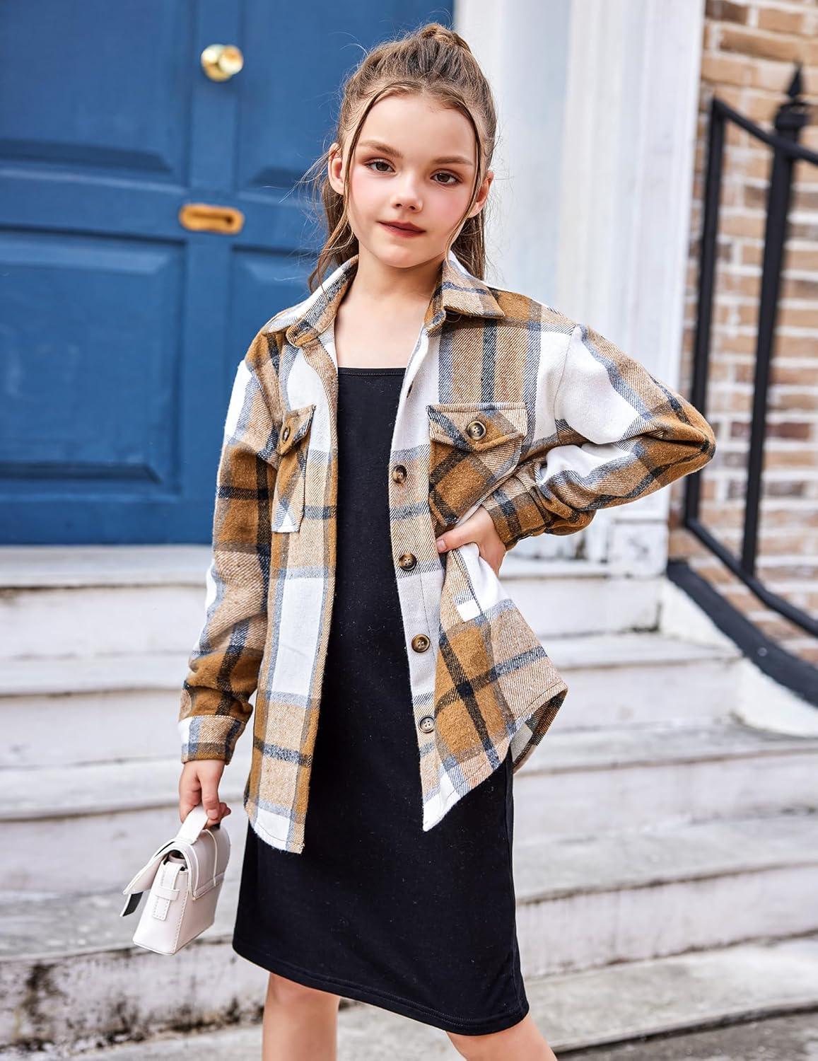 imageArshiner Girls Flannel Plaid Jackets Button Down Long Sleeve Shirts Blouses Tops with Pockets OutfitsBrown