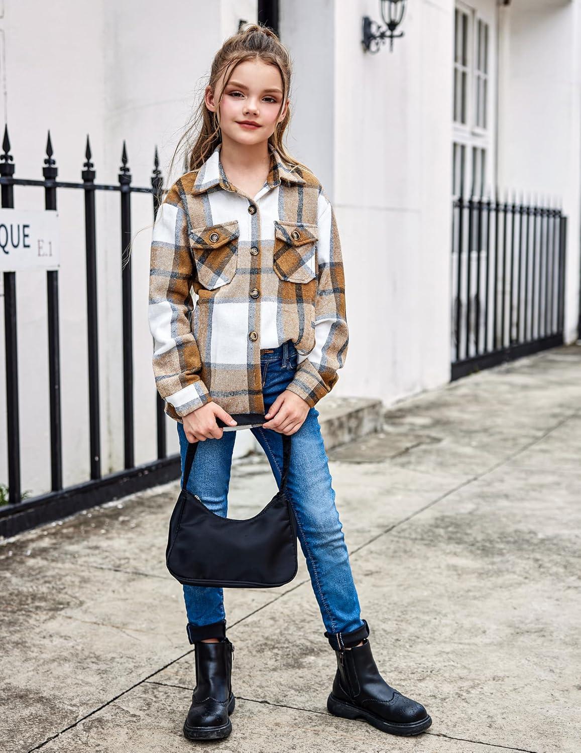 imageArshiner Girls Flannel Plaid Jackets Button Down Long Sleeve Shirts Blouses Tops with Pockets OutfitsBrown1