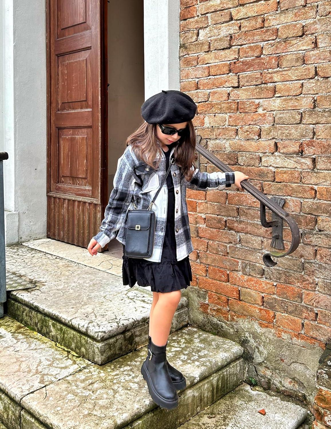 imageArshiner Girls Flannel Plaid Jackets Button Down Long Sleeve Shirts Blouses Tops with Pockets OutfitsGrey