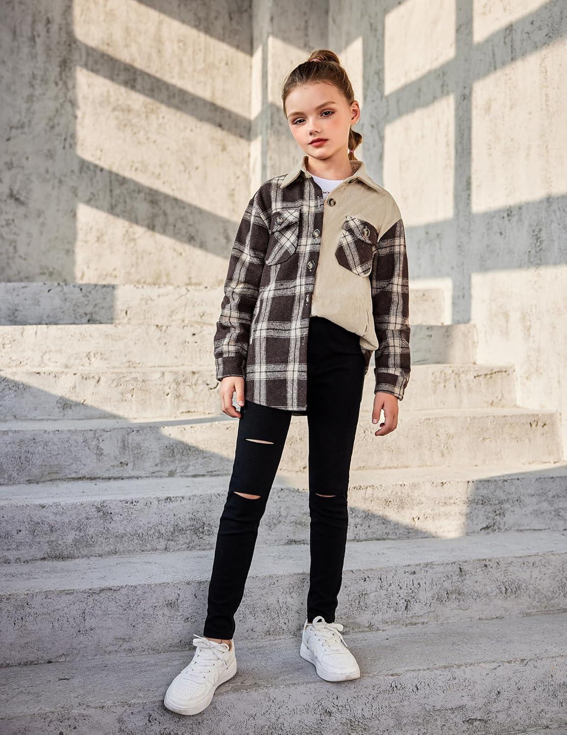 imageArshiner Girls Flannel Plaid Jackets Button Down Long Sleeve Shirts Blouses Tops with Pockets OutfitsKhakibrown