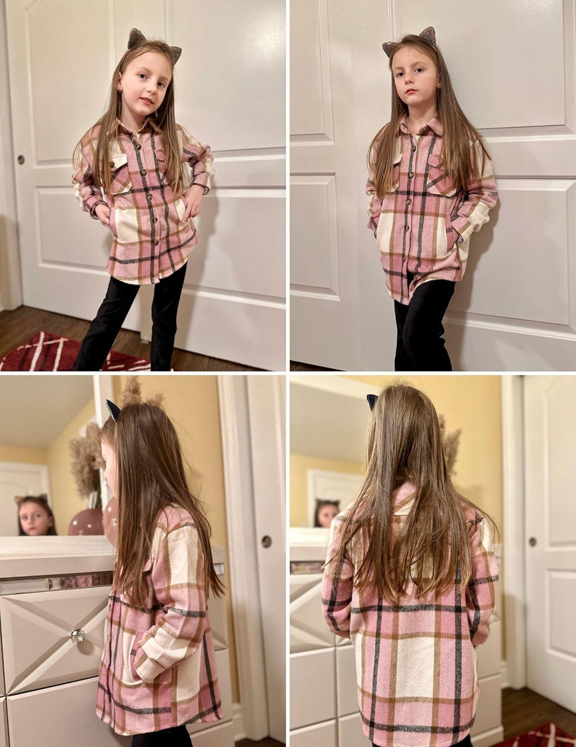 imageArshiner Girls Flannel Plaid Jackets Button Down Long Sleeve Shirts Blouses Tops with Pockets OutfitsPink