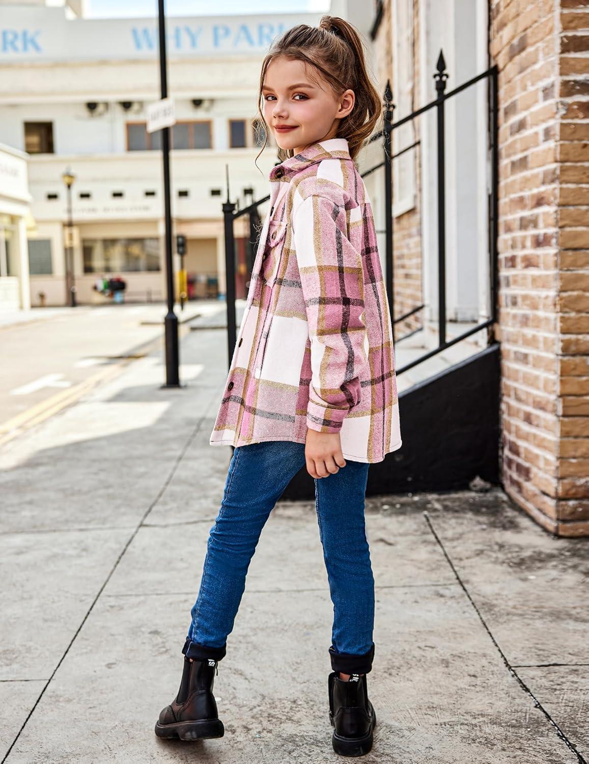 imageArshiner Girls Flannel Plaid Jackets Button Down Long Sleeve Shirts Blouses Tops with Pockets OutfitsPink1