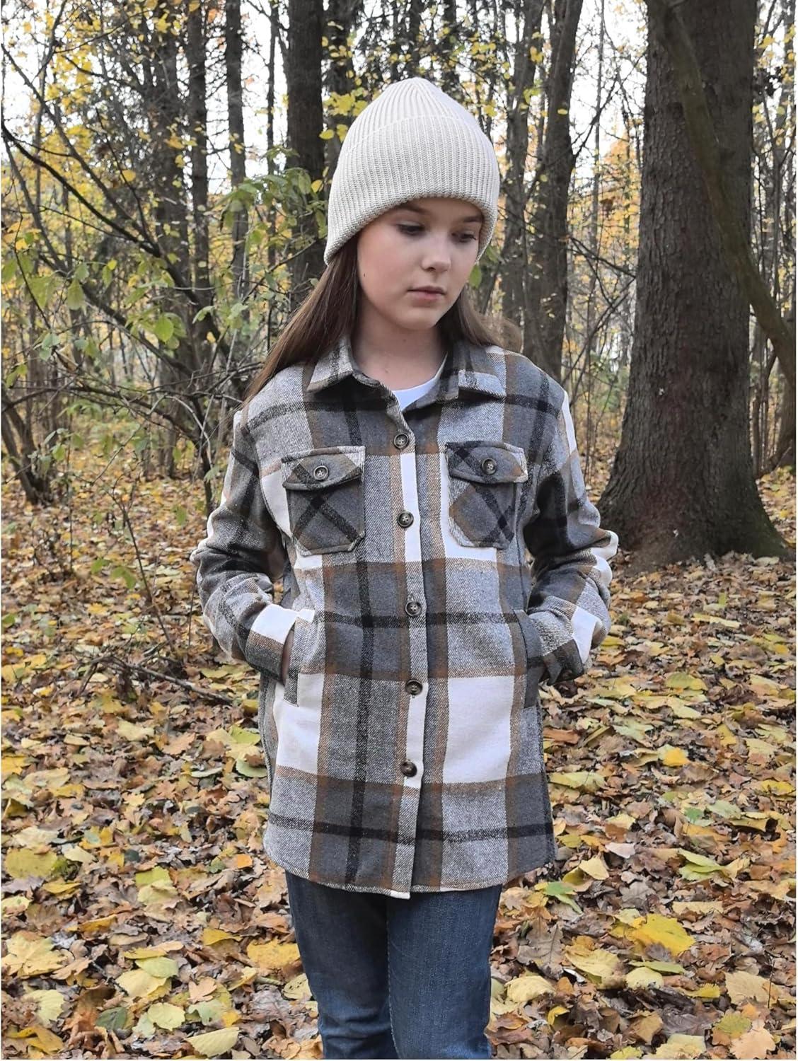 imageArshiner Girls Flannel Plaid Jackets Button Down Long Sleeve Shirts Blouses Tops with Pockets OutfitsPlaid Gray