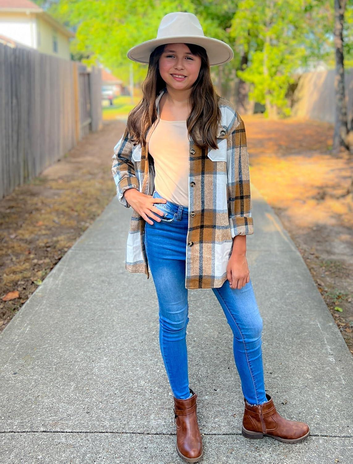 imageArshiner Girls Flannel Plaid Jackets Button Down Long Sleeve Shirts Blouses Tops with Pockets OutfitsRed