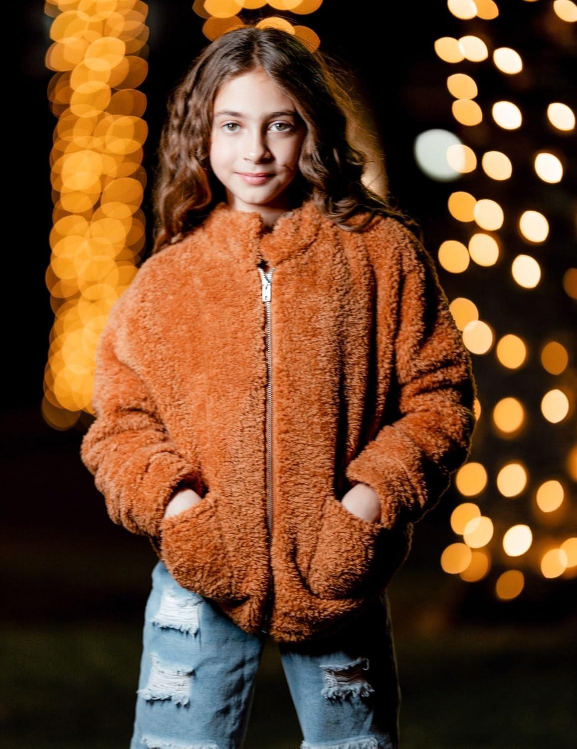 imageArshiner Girls Full Zip Fleece Jacket Sherpa Outwear Coat Fall Winter for 412YBrown