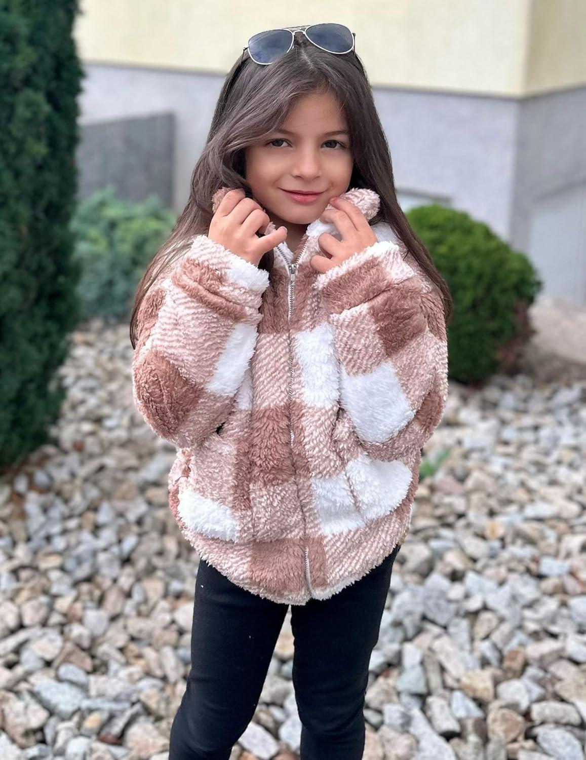 imageArshiner Girls Full Zip Fleece Jacket Sherpa Outwear Coat Fall Winter for 412YBrown Plaid
