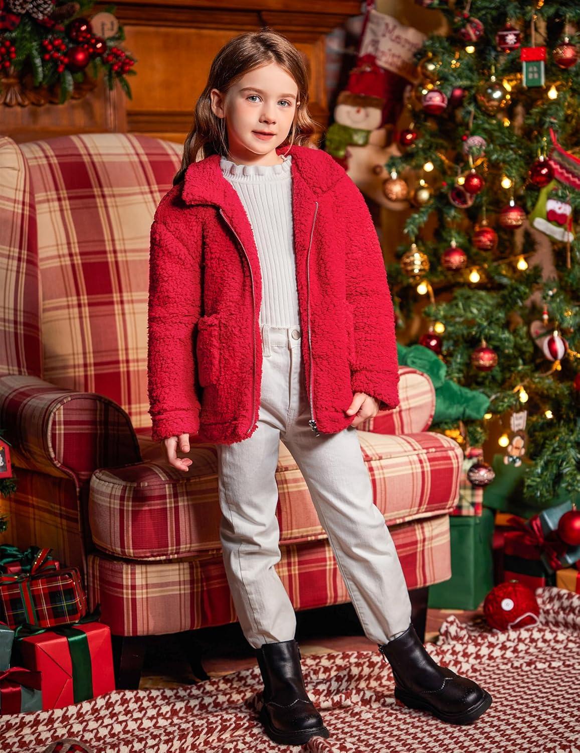 imageArshiner Girls Full Zip Fleece Jacket Sherpa Outwear Coat Fall Winter for 412YRed