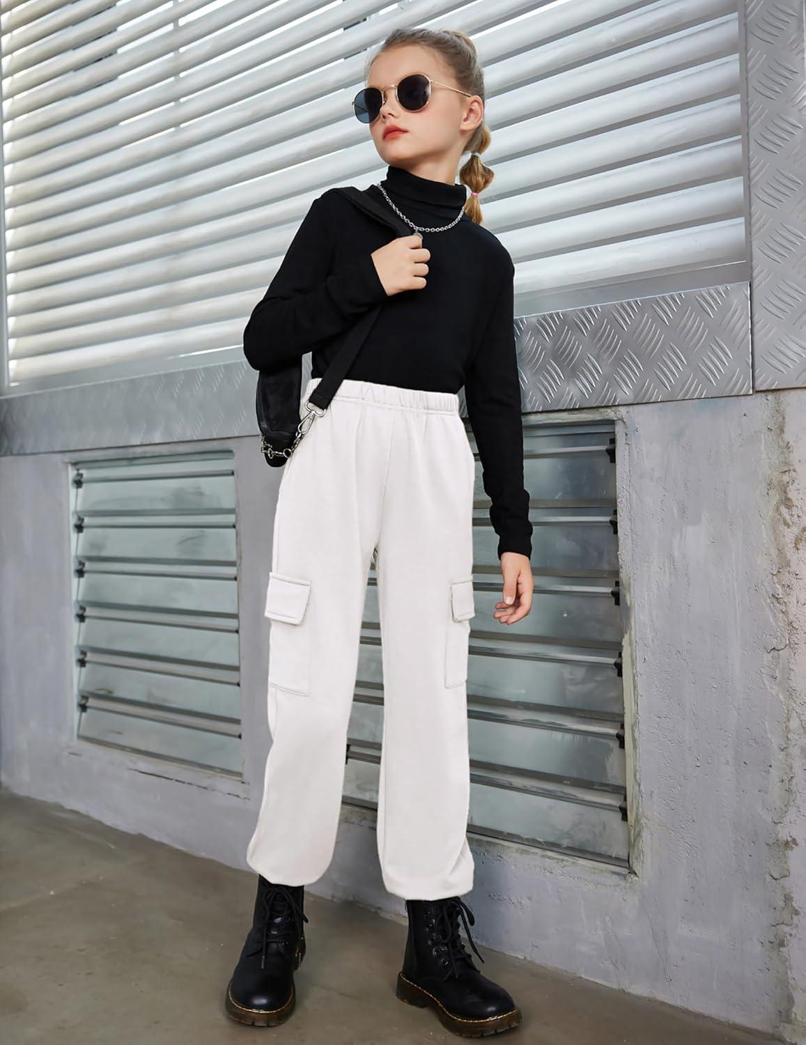 imageArshiner Girls Joggers Sweatpants Kids Cargo Loose High Waisted Pants with Pockets 516 YearsWhite