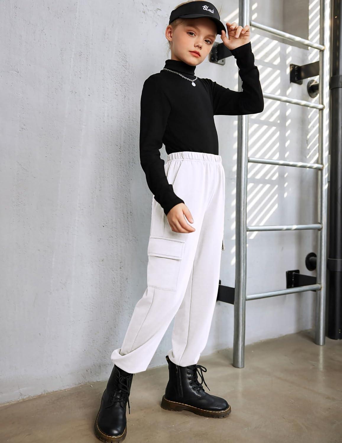 imageArshiner Girls Joggers Sweatpants Kids Cargo Loose High Waisted Pants with Pockets 516 YearsWhite