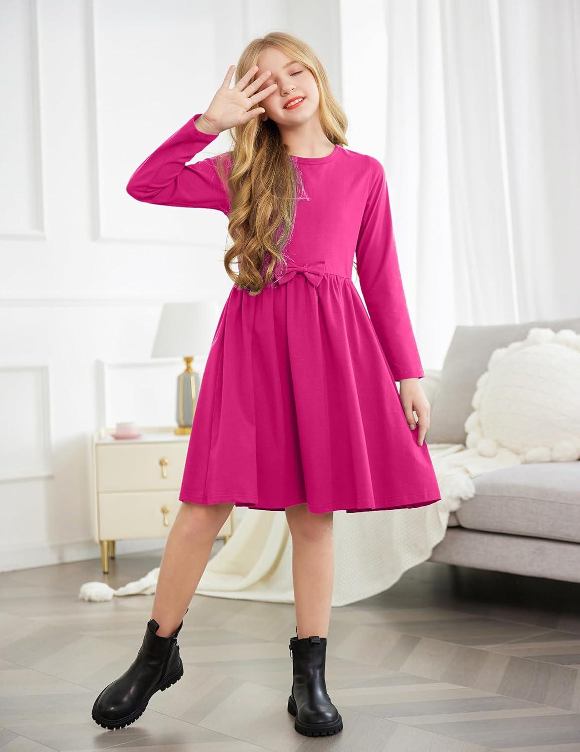 imageArshiner Girls Long Sleeve Dress A line Twirly Skater Casual Bow Tie DressRose Red