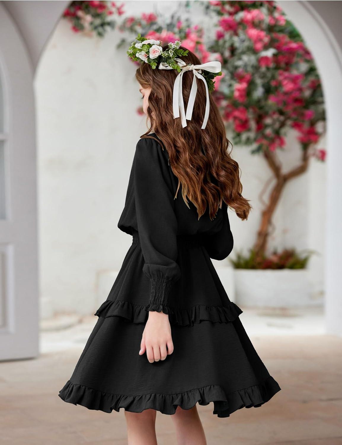 imageArshiner Girls Long Sleeve Dress Boho Tiered Ruffle Hem Elegant Smocked Waist Midi DressBlack
