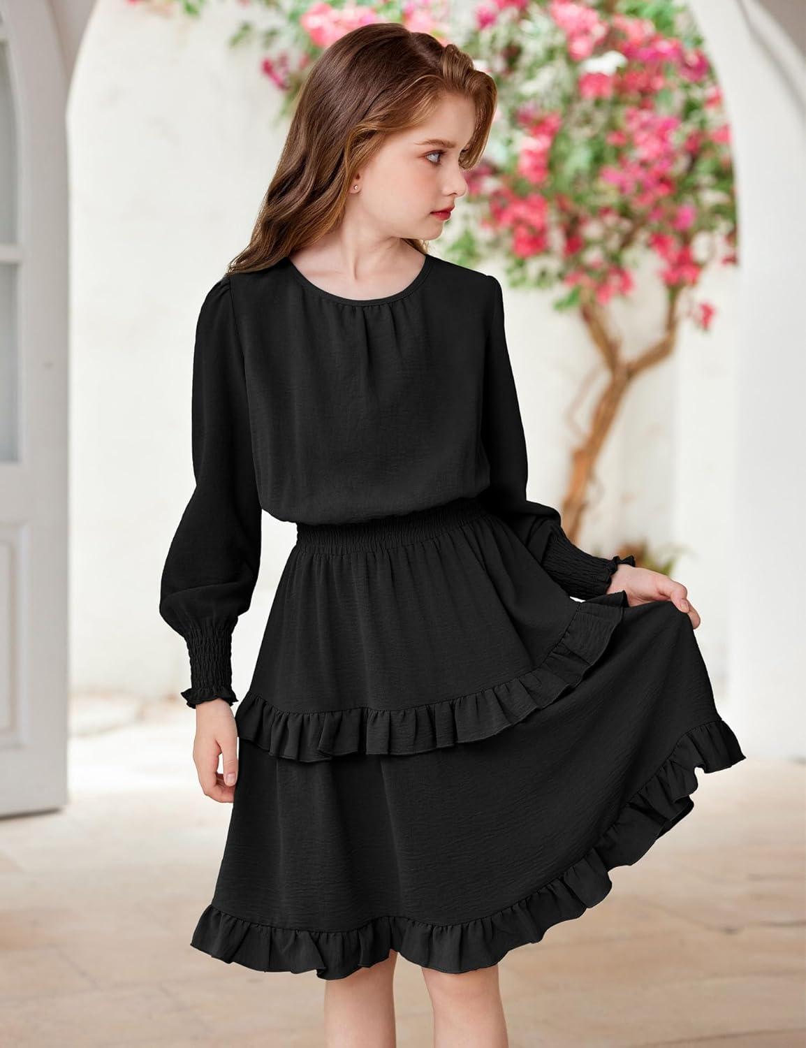 imageArshiner Girls Long Sleeve Dress Boho Tiered Ruffle Hem Elegant Smocked Waist Midi DressBlack
