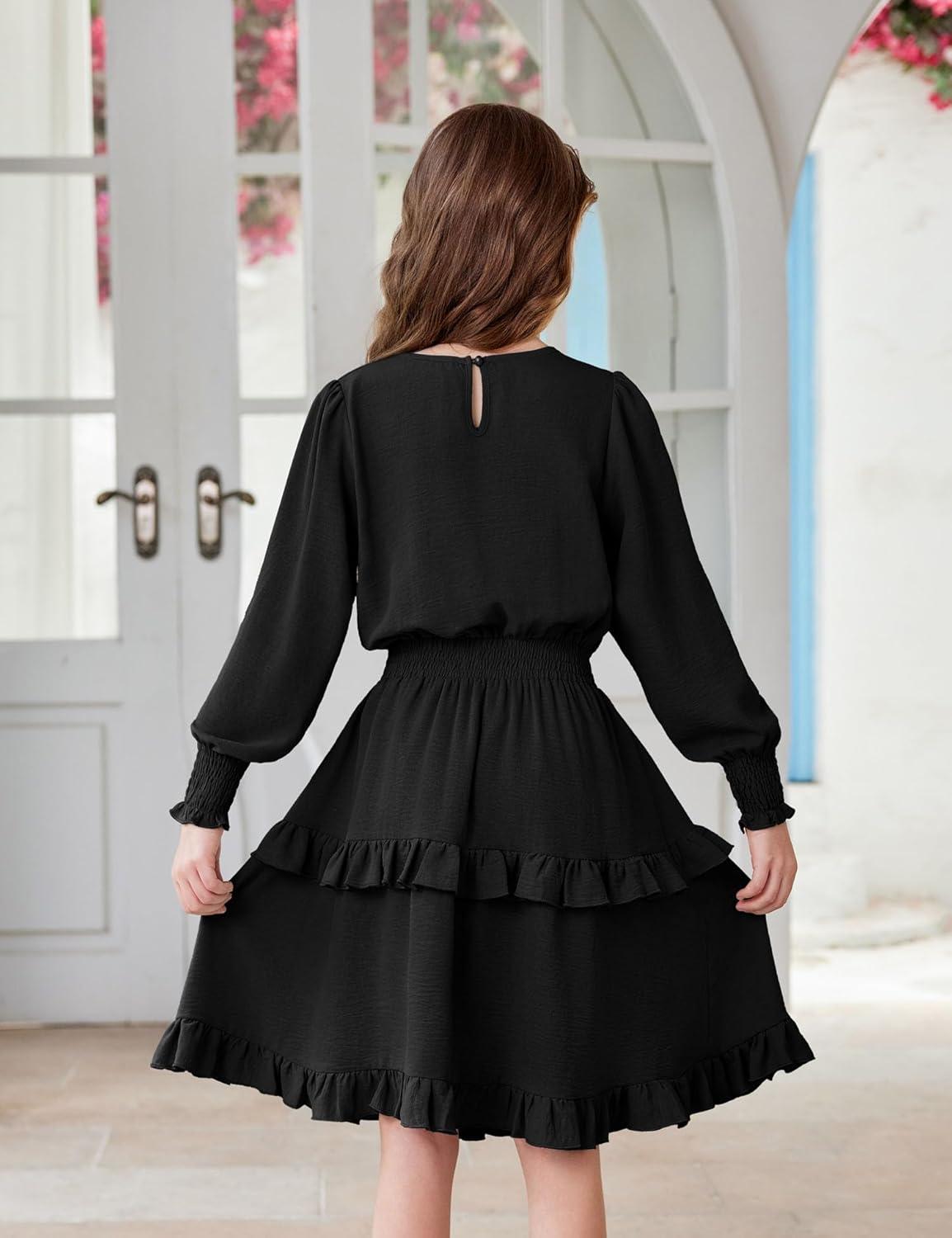 imageArshiner Girls Long Sleeve Dress Boho Tiered Ruffle Hem Elegant Smocked Waist Midi DressBlack