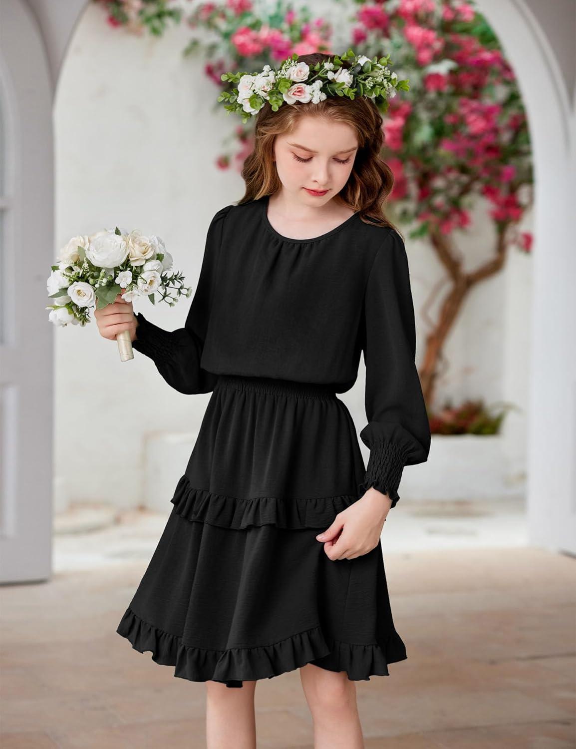 imageArshiner Girls Long Sleeve Dress Boho Tiered Ruffle Hem Elegant Smocked Waist Midi DressBlack
