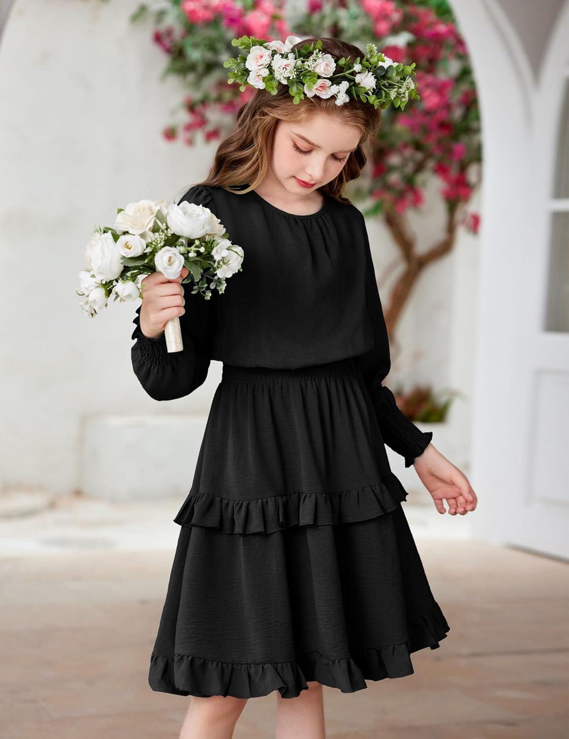 imageArshiner Girls Long Sleeve Dress Boho Tiered Ruffle Hem Elegant Smocked Waist Midi DressBlack