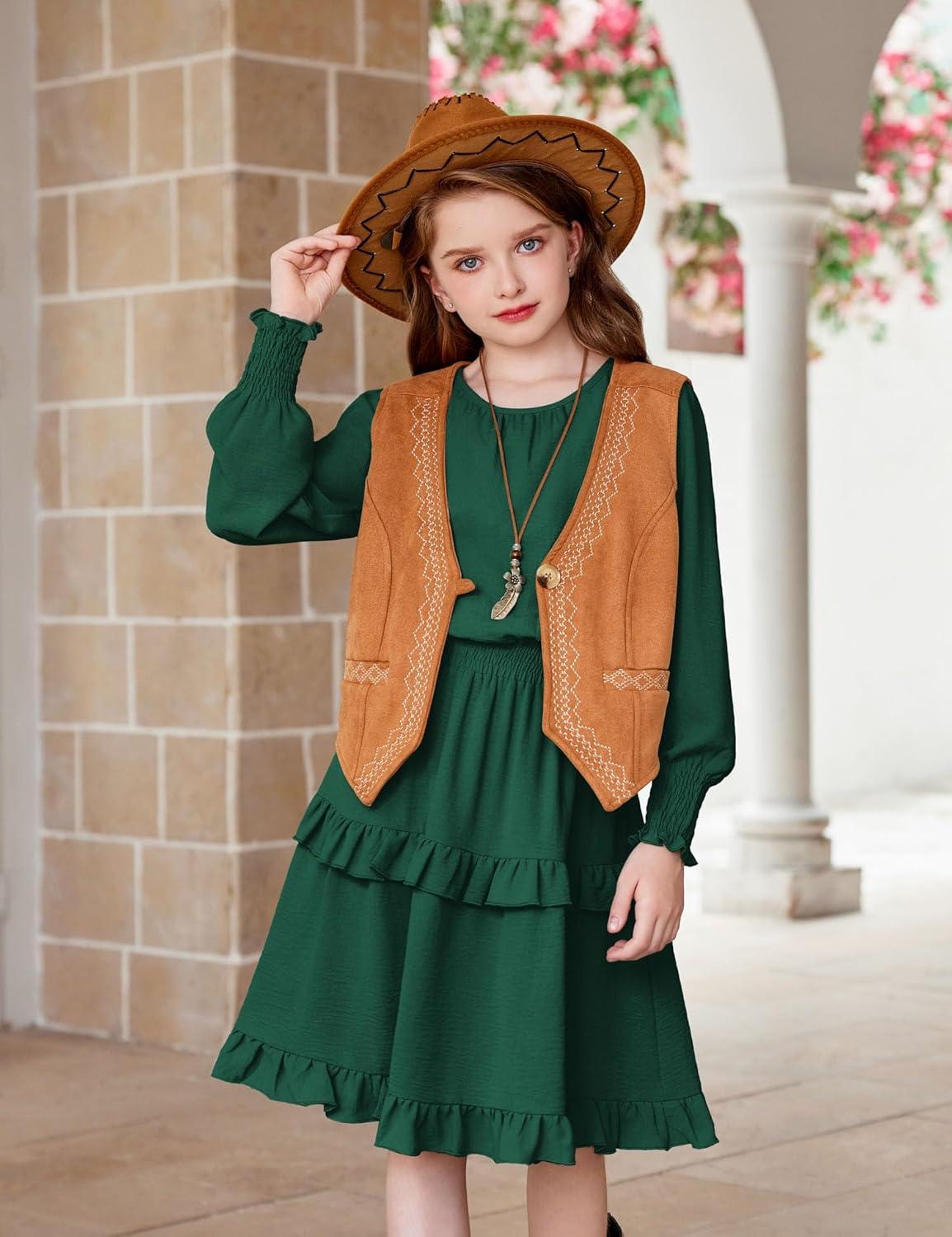 imageArshiner Girls Long Sleeve Dress Boho Tiered Ruffle Hem Elegant Smocked Waist Midi DressDark Green