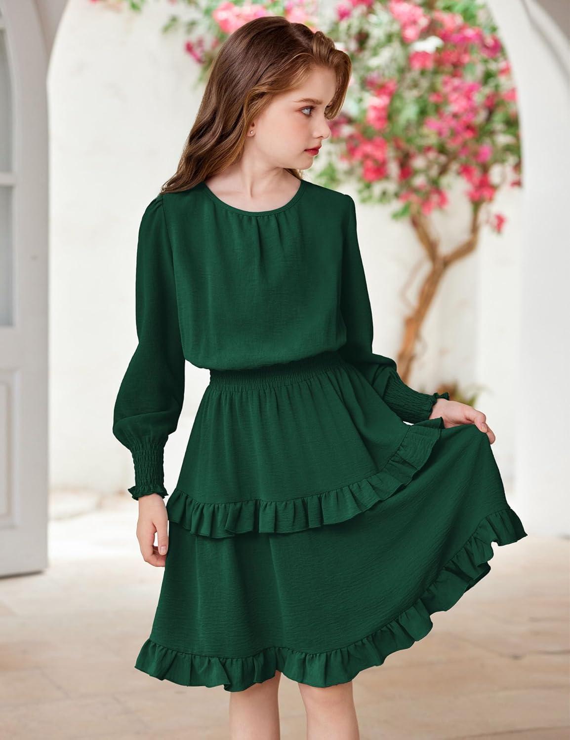 imageArshiner Girls Long Sleeve Dress Boho Tiered Ruffle Hem Elegant Smocked Waist Midi DressDark Green