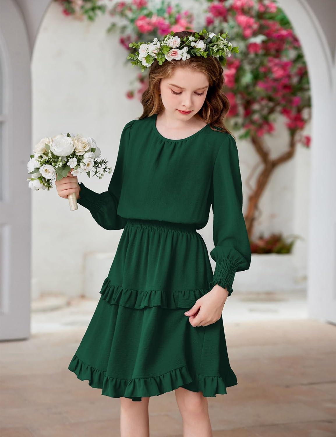 imageArshiner Girls Long Sleeve Dress Boho Tiered Ruffle Hem Elegant Smocked Waist Midi DressDark Green