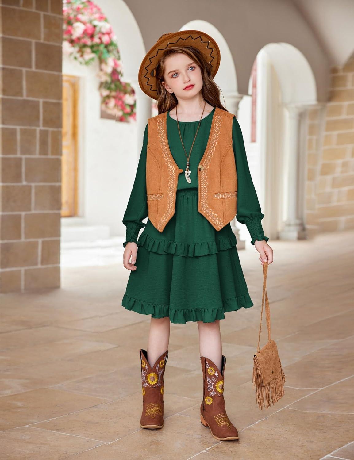 imageArshiner Girls Long Sleeve Dress Boho Tiered Ruffle Hem Elegant Smocked Waist Midi DressDark Green