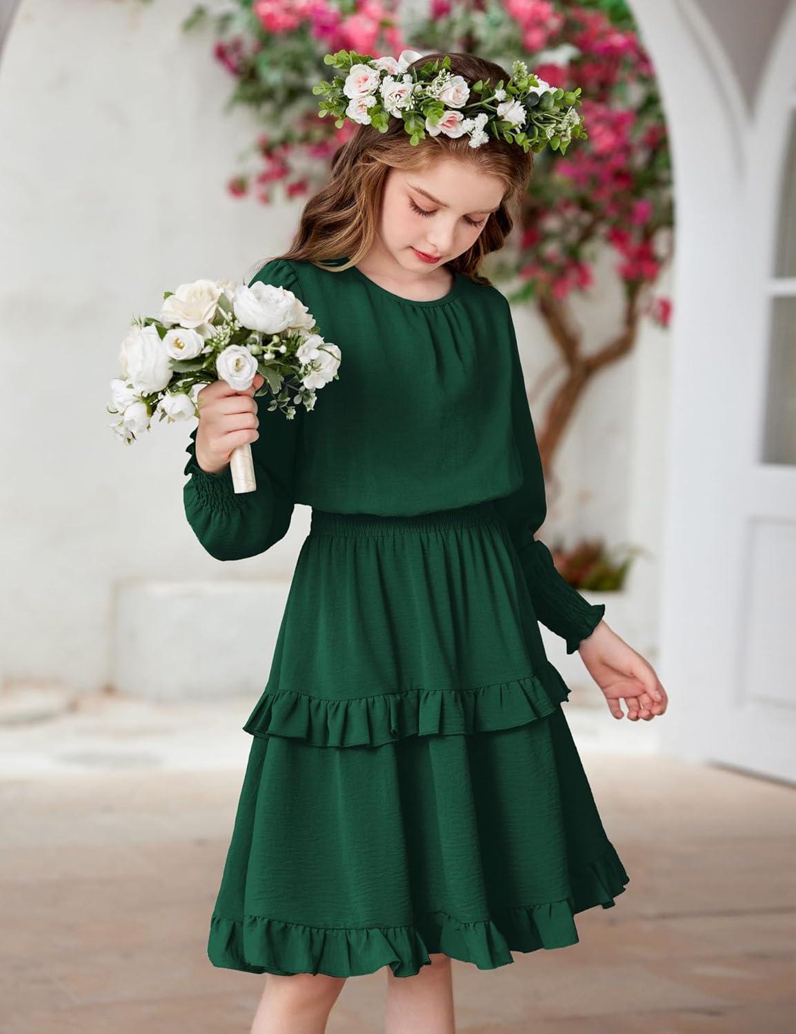 imageArshiner Girls Long Sleeve Dress Boho Tiered Ruffle Hem Elegant Smocked Waist Midi DressDark Green