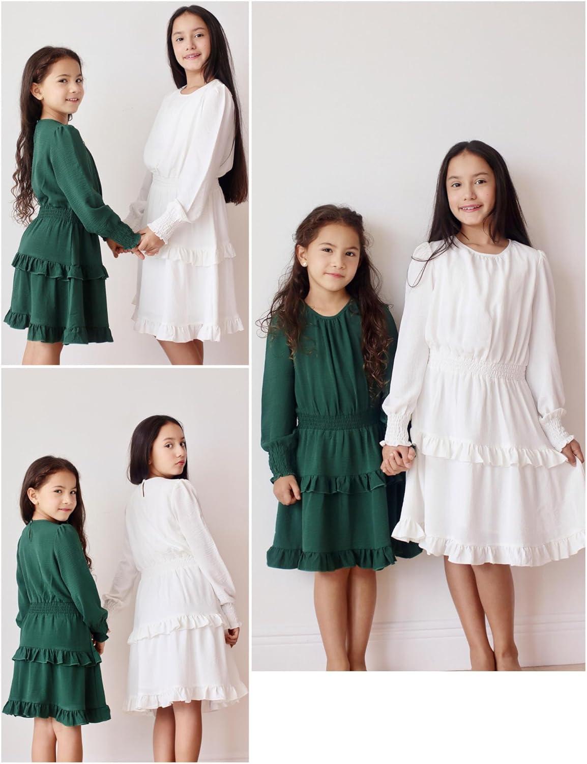 imageArshiner Girls Long Sleeve Dress Boho Tiered Ruffle Hem Elegant Smocked Waist Midi DressDark Green