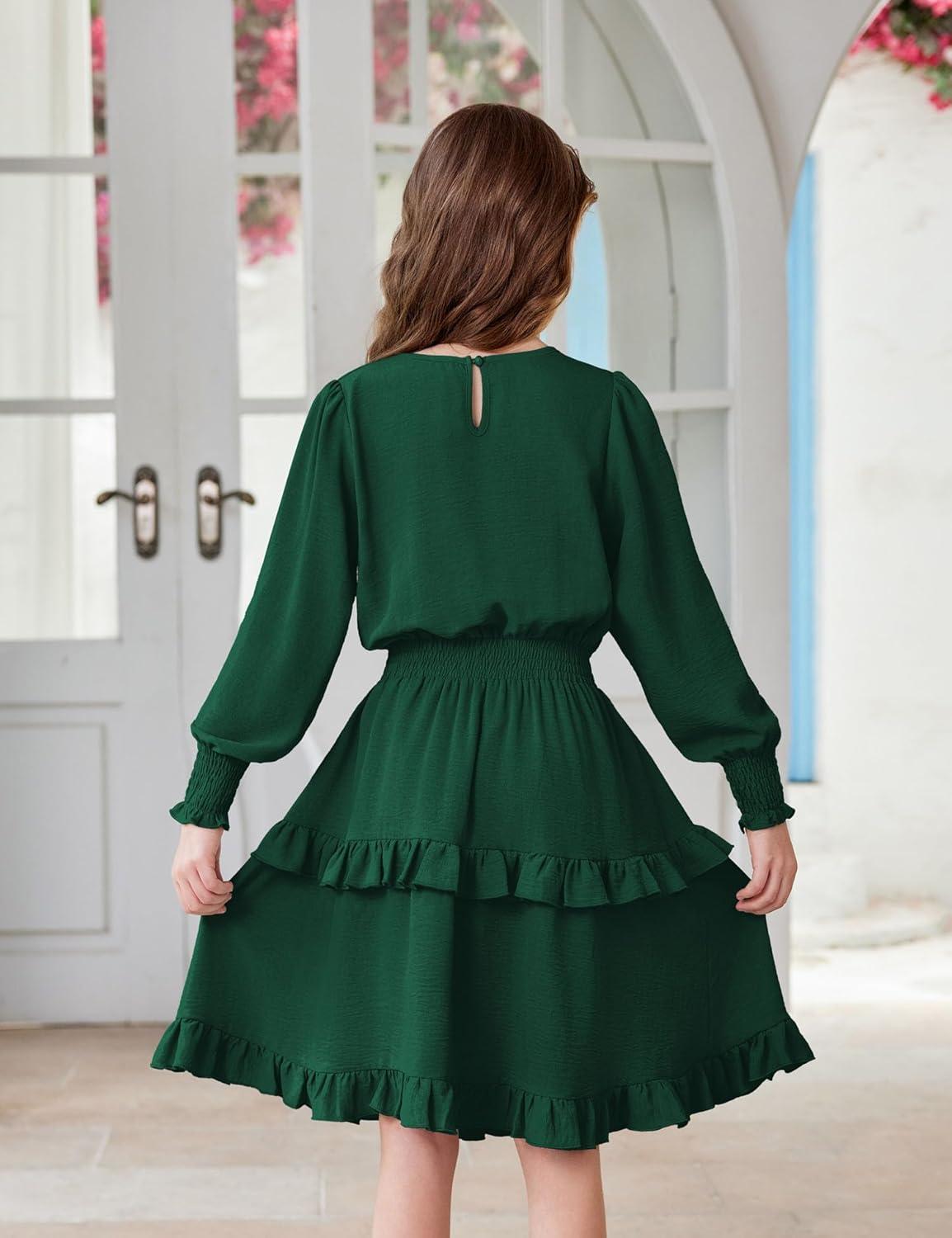 imageArshiner Girls Long Sleeve Dress Boho Tiered Ruffle Hem Elegant Smocked Waist Midi DressDark Green