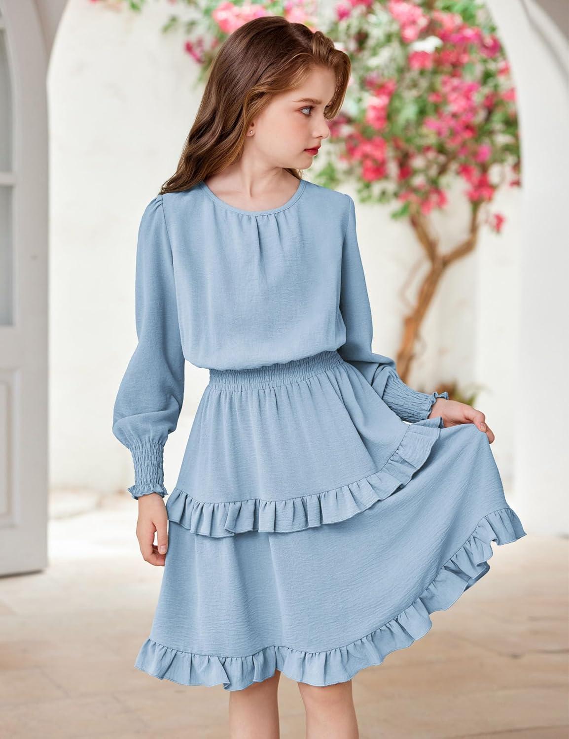 imageArshiner Girls Long Sleeve Dress Boho Tiered Ruffle Hem Elegant Smocked Waist Midi DressLight Blue