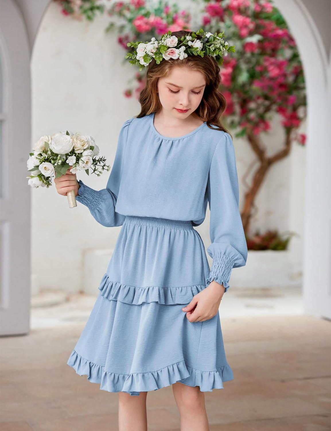 imageArshiner Girls Long Sleeve Dress Boho Tiered Ruffle Hem Elegant Smocked Waist Midi DressLight Blue