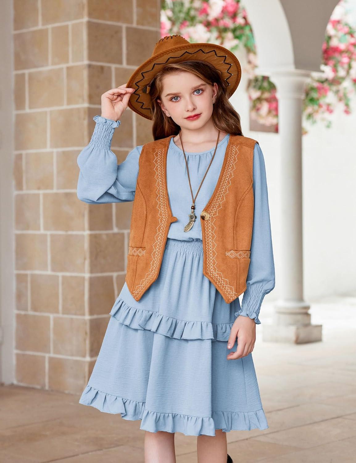 imageArshiner Girls Long Sleeve Dress Boho Tiered Ruffle Hem Elegant Smocked Waist Midi DressLight Blue