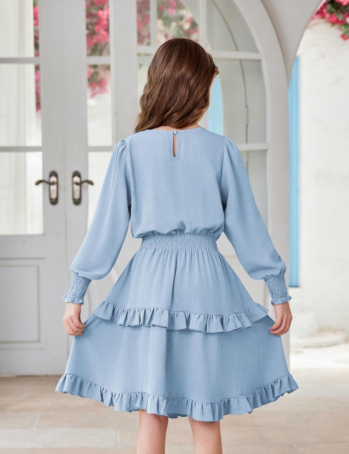 imageArshiner Girls Long Sleeve Dress Boho Tiered Ruffle Hem Elegant Smocked Waist Midi DressLight Blue