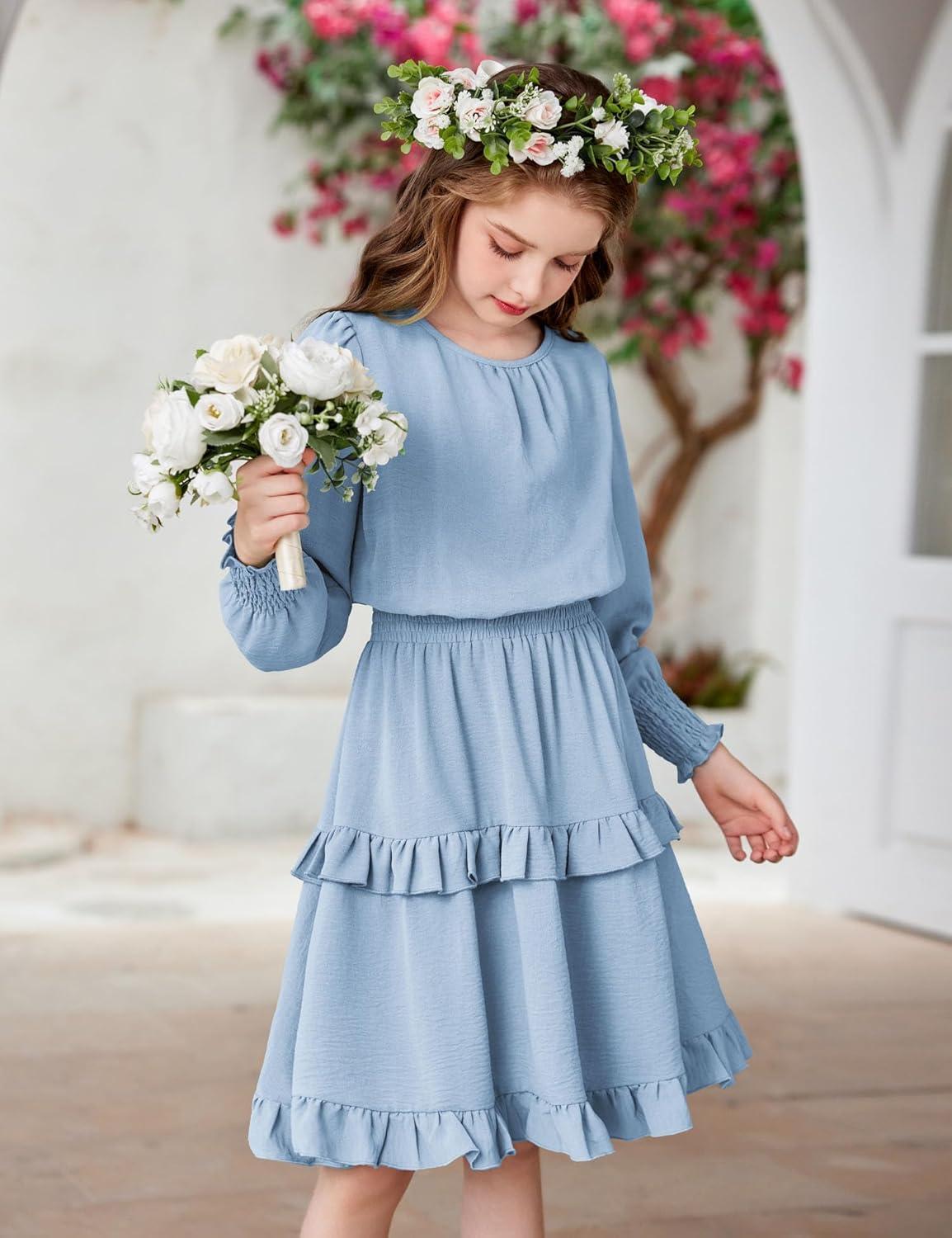 imageArshiner Girls Long Sleeve Dress Boho Tiered Ruffle Hem Elegant Smocked Waist Midi DressLight Blue