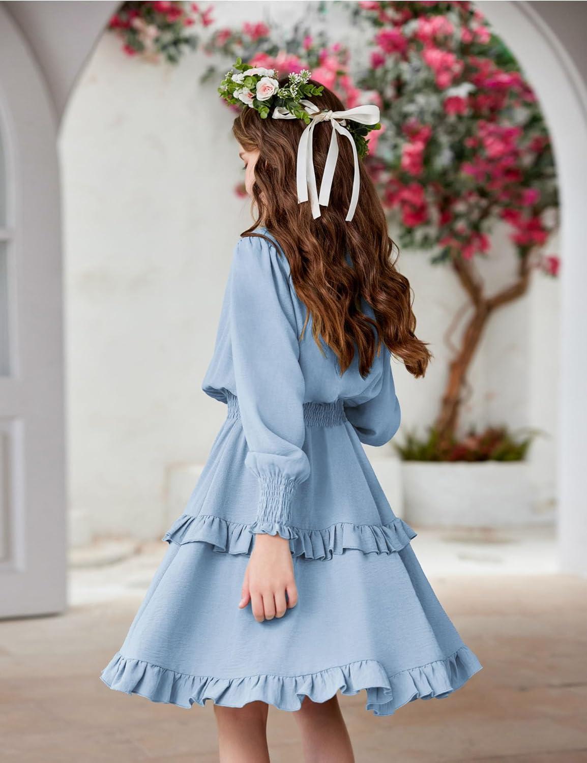 imageArshiner Girls Long Sleeve Dress Boho Tiered Ruffle Hem Elegant Smocked Waist Midi DressLight Blue