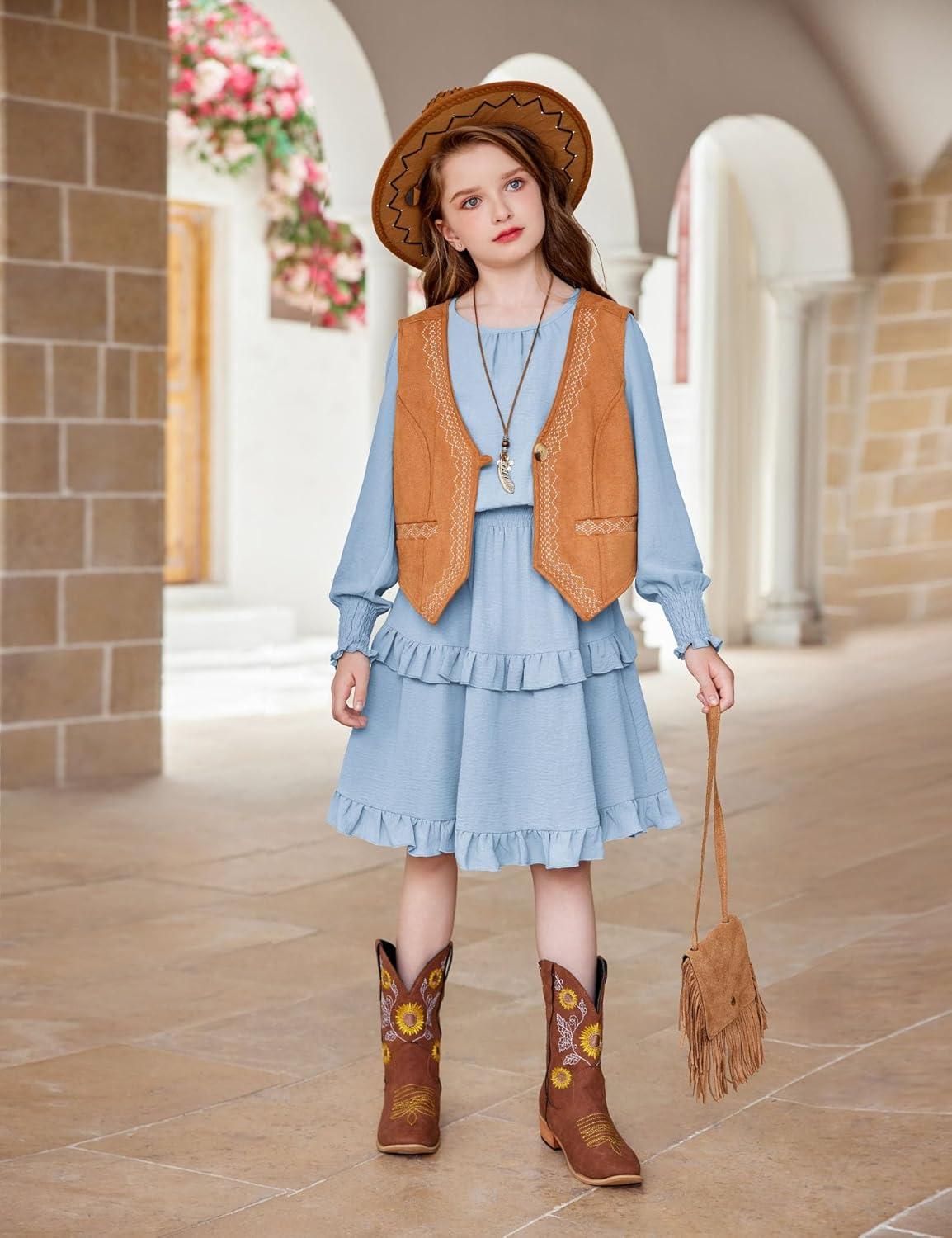 imageArshiner Girls Long Sleeve Dress Boho Tiered Ruffle Hem Elegant Smocked Waist Midi DressLight Blue