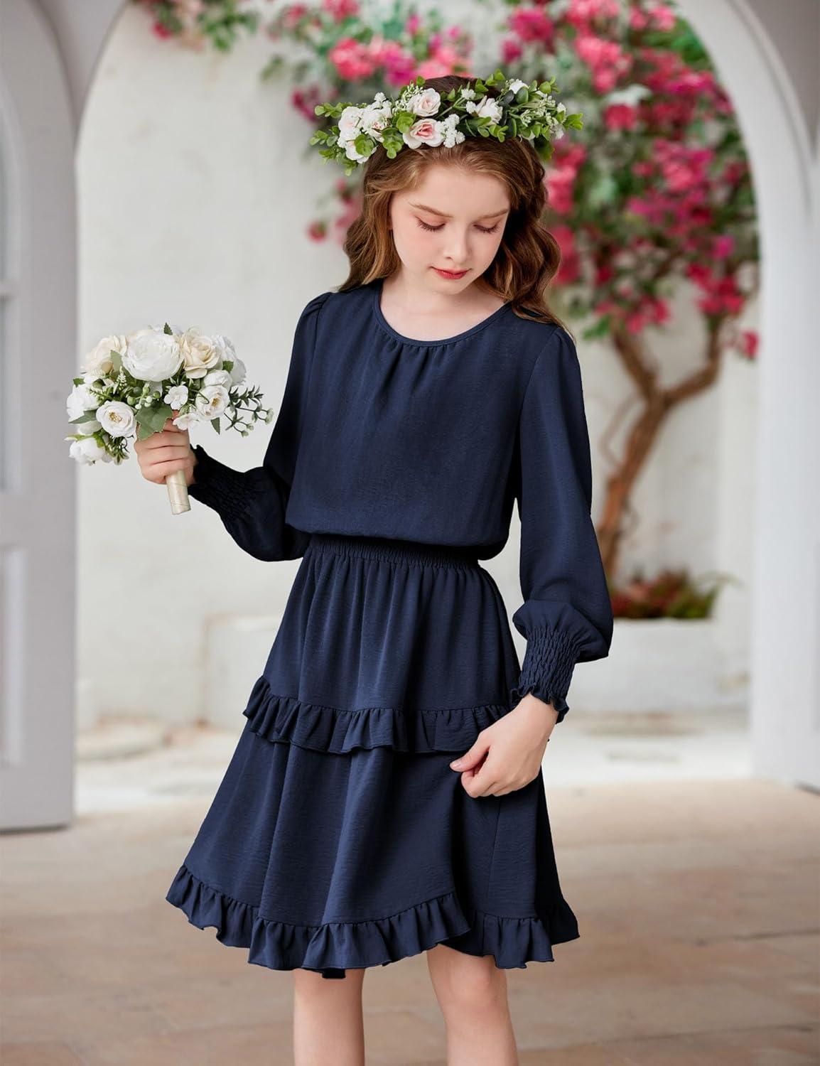imageArshiner Girls Long Sleeve Dress Boho Tiered Ruffle Hem Elegant Smocked Waist Midi DressNavy Blue