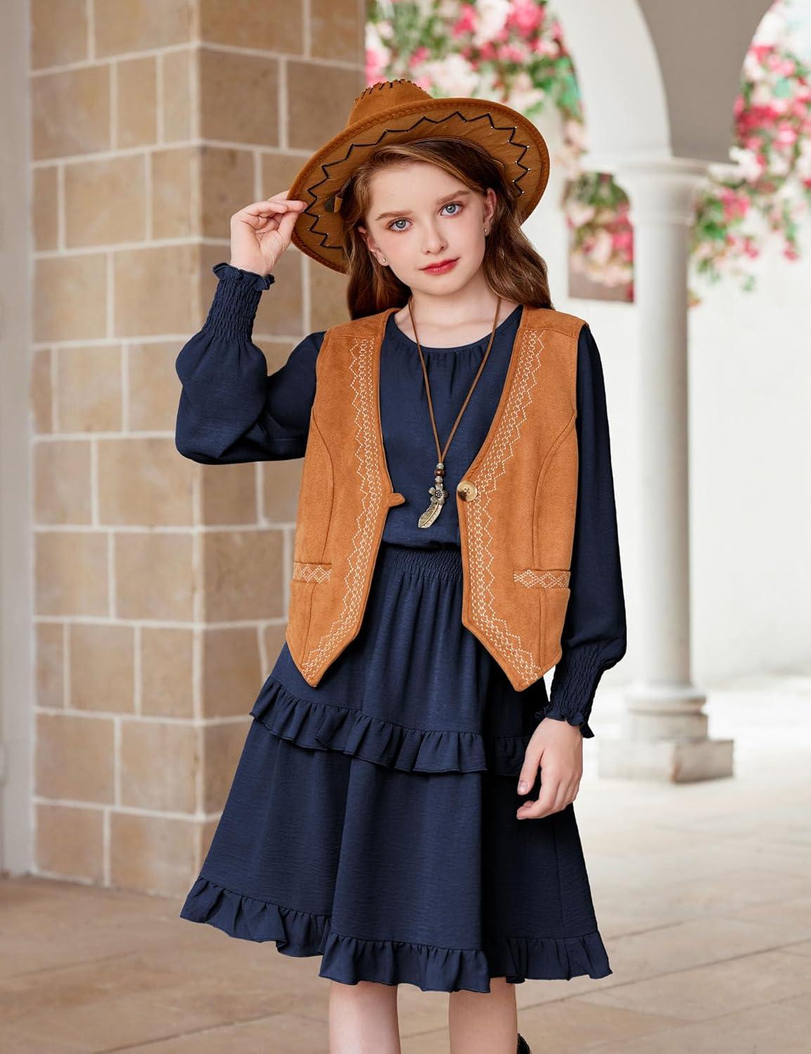 imageArshiner Girls Long Sleeve Dress Boho Tiered Ruffle Hem Elegant Smocked Waist Midi DressNavy Blue