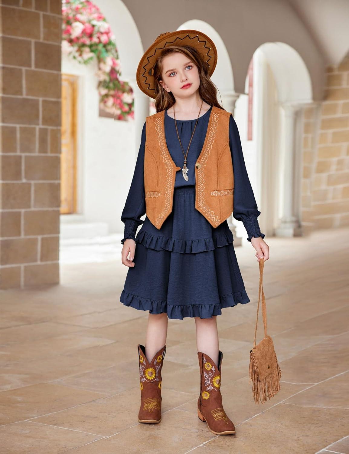 imageArshiner Girls Long Sleeve Dress Boho Tiered Ruffle Hem Elegant Smocked Waist Midi DressNavy Blue