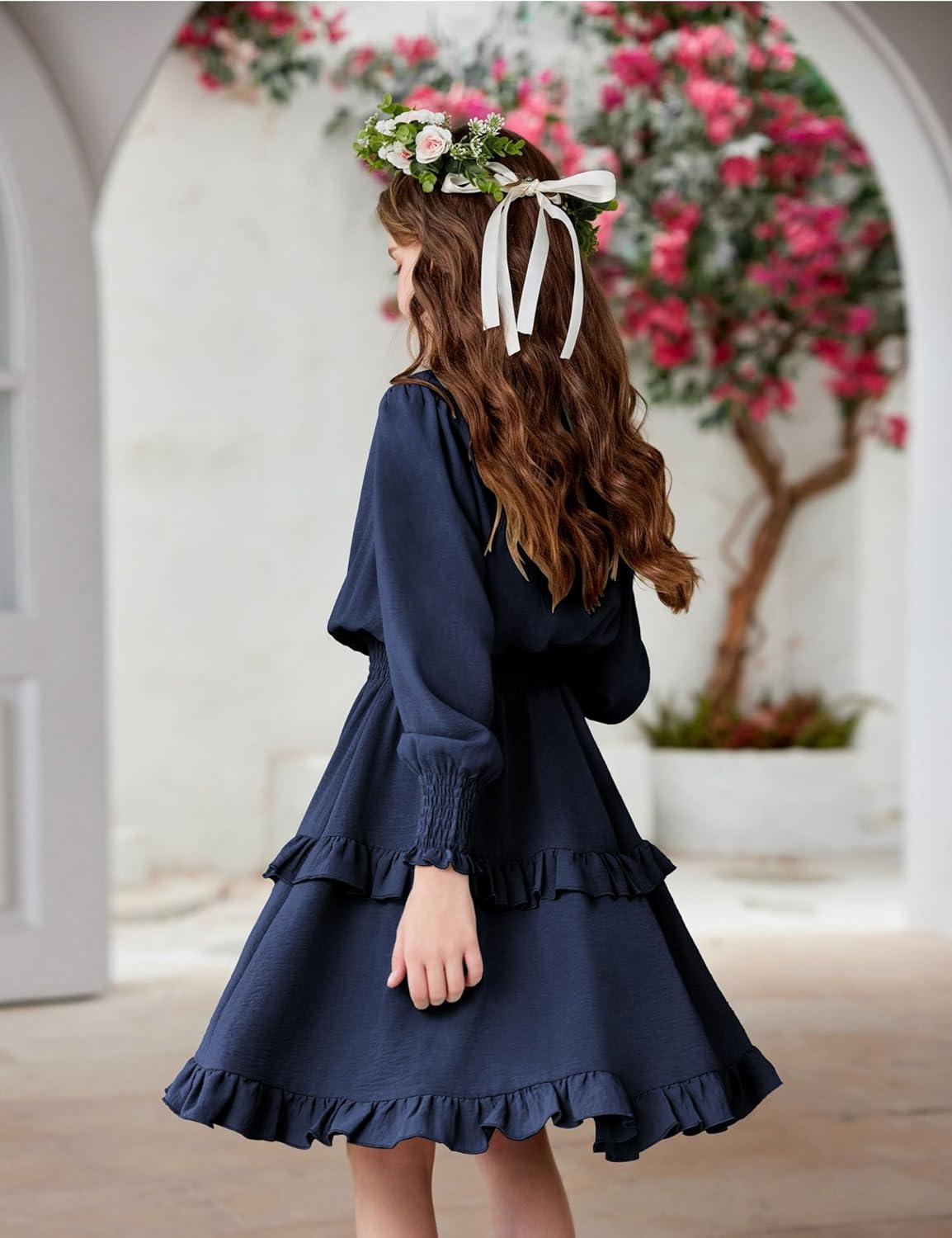imageArshiner Girls Long Sleeve Dress Boho Tiered Ruffle Hem Elegant Smocked Waist Midi DressNavy Blue