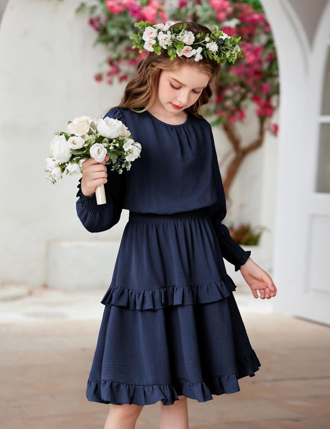 imageArshiner Girls Long Sleeve Dress Boho Tiered Ruffle Hem Elegant Smocked Waist Midi DressNavy Blue