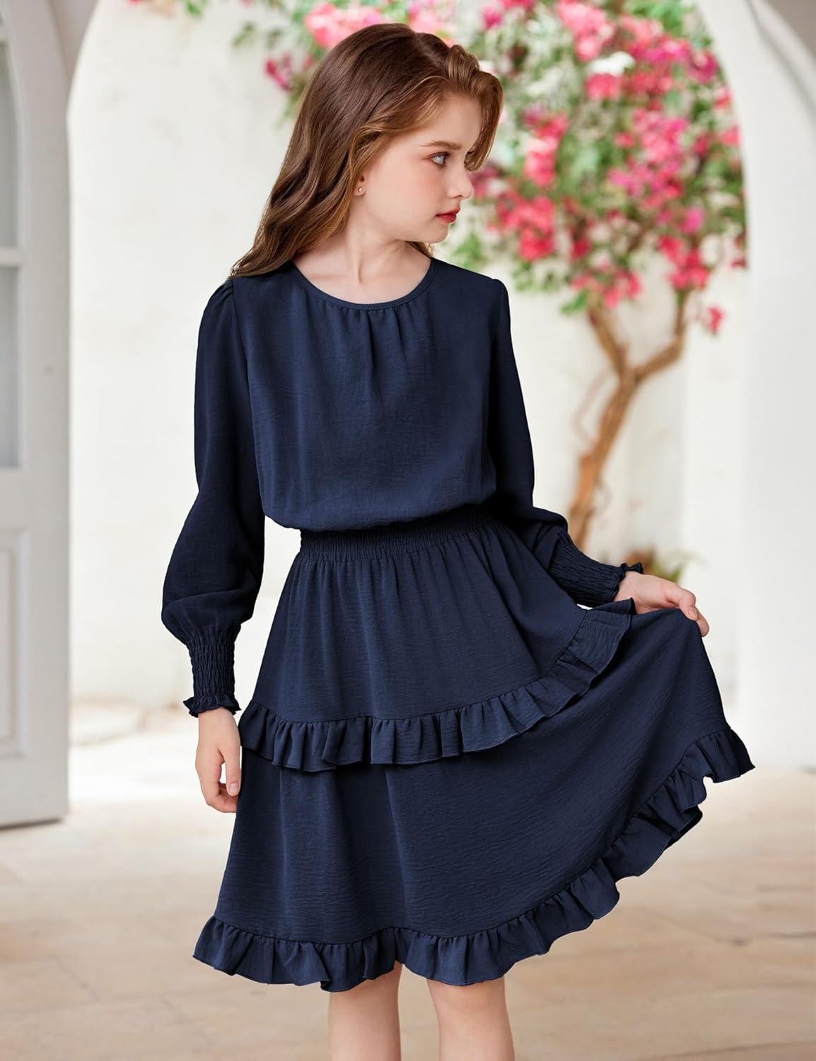 imageArshiner Girls Long Sleeve Dress Boho Tiered Ruffle Hem Elegant Smocked Waist Midi DressNavy Blue