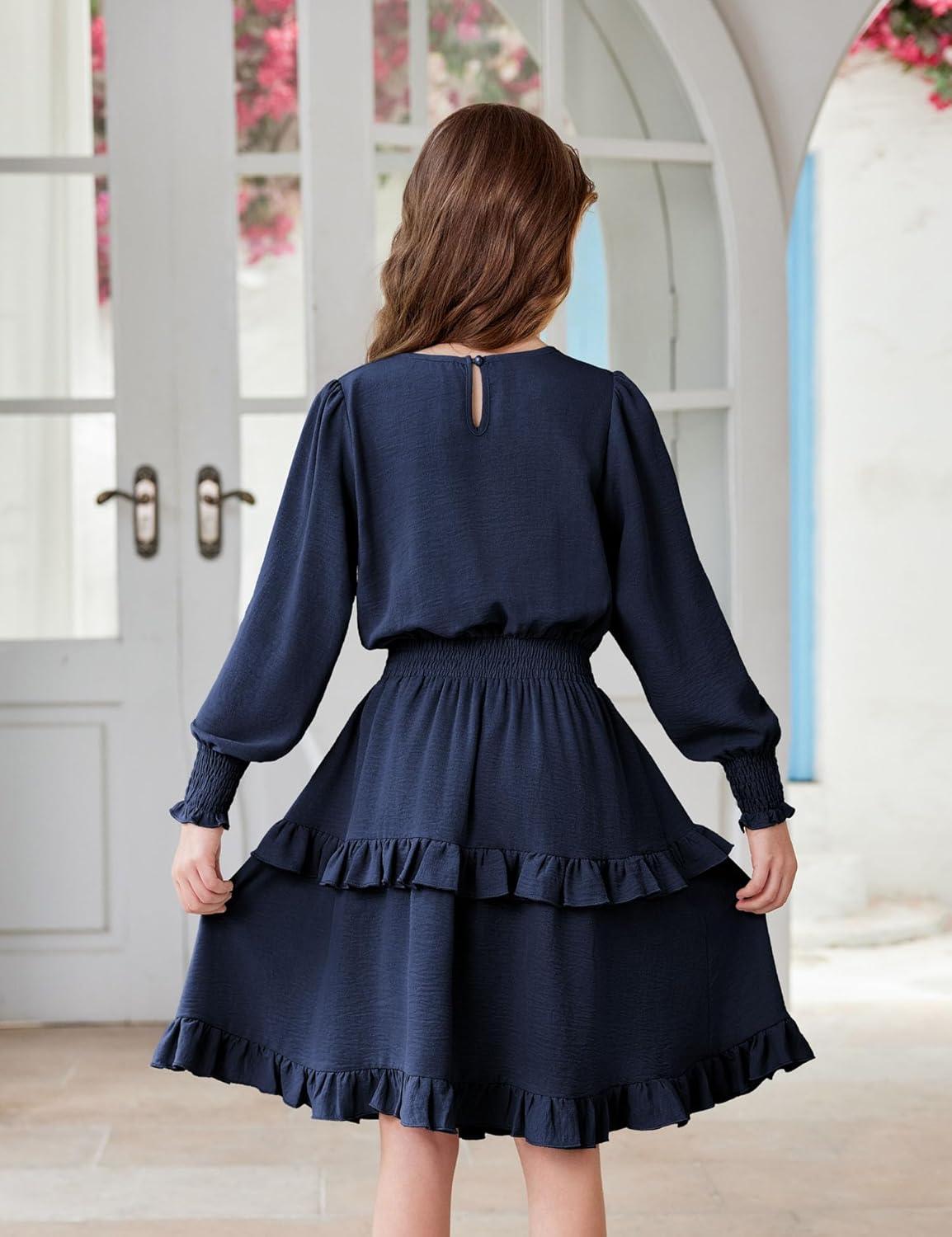imageArshiner Girls Long Sleeve Dress Boho Tiered Ruffle Hem Elegant Smocked Waist Midi DressNavy Blue